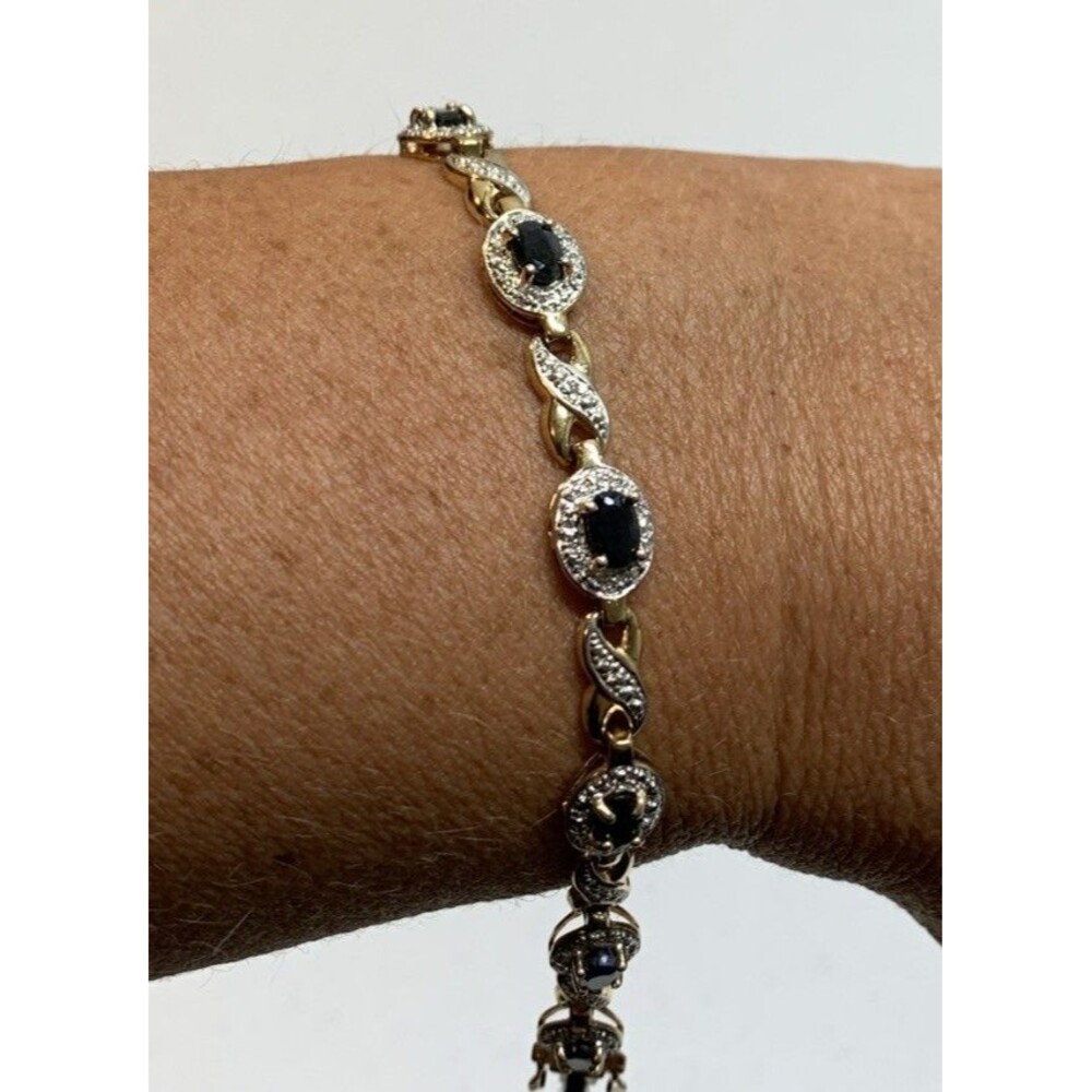 Vintage 18K Gold Sterling Silver Sapphire Diamond Accent Tennis Bracelet 7.5”